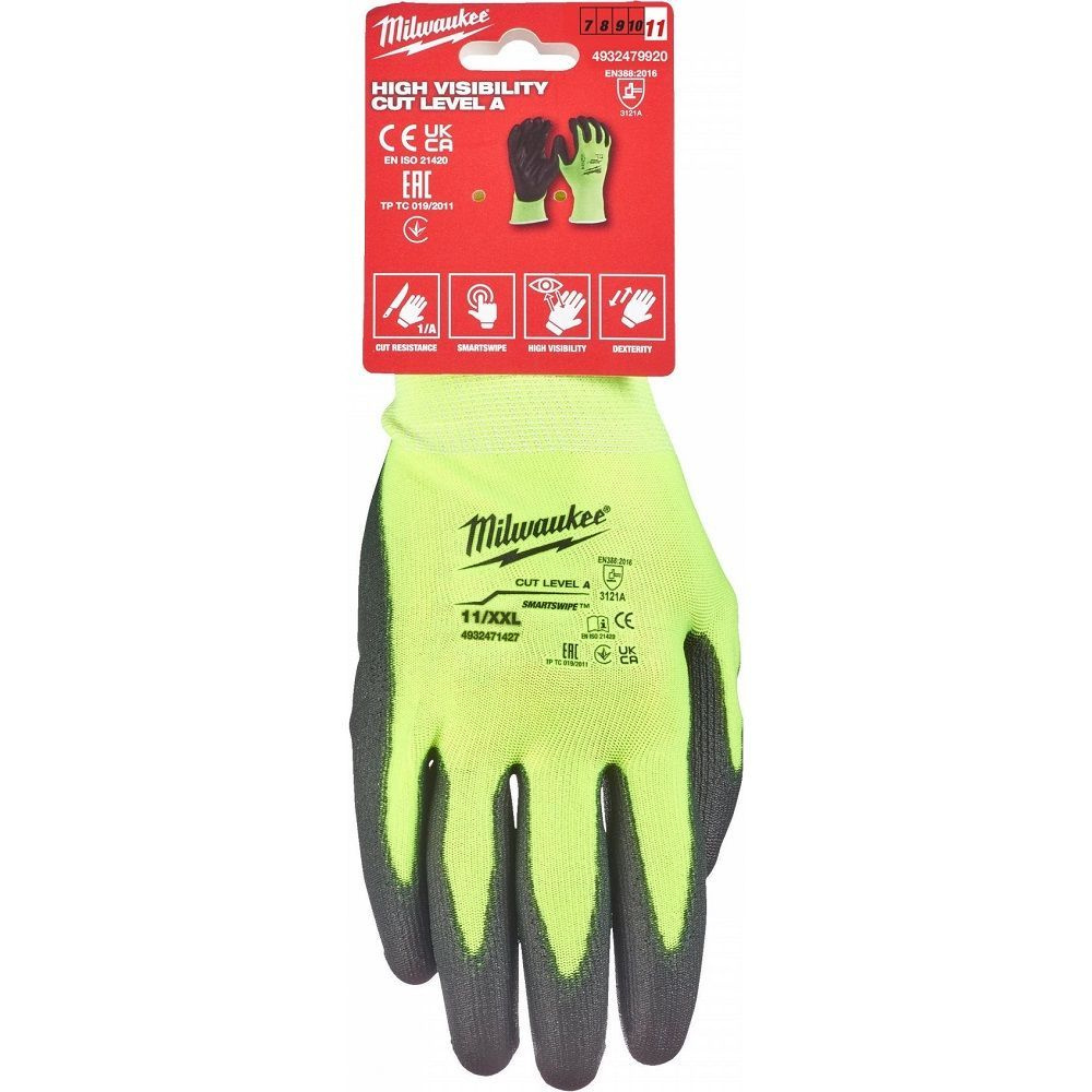 Перчатки Milwaukee Hi-VIS CUT LEVEL сигнальные с уровнем сопротивления порезам 1/A, размер XXL/11, 4932479920 #1