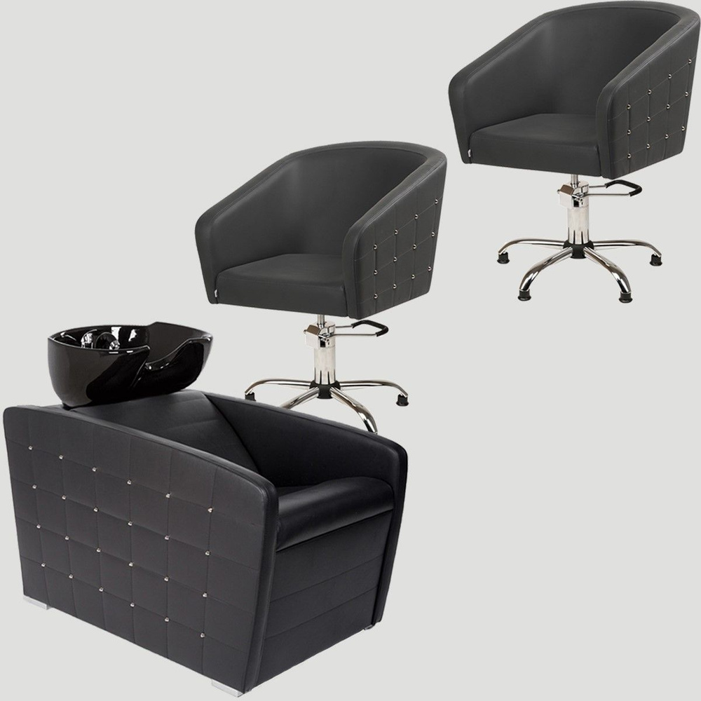 Комплект парикмахерский "Гламрок", Черный, 2 кресла гидравлика пятилучье, 1 мойка глубокая черная раковина #1