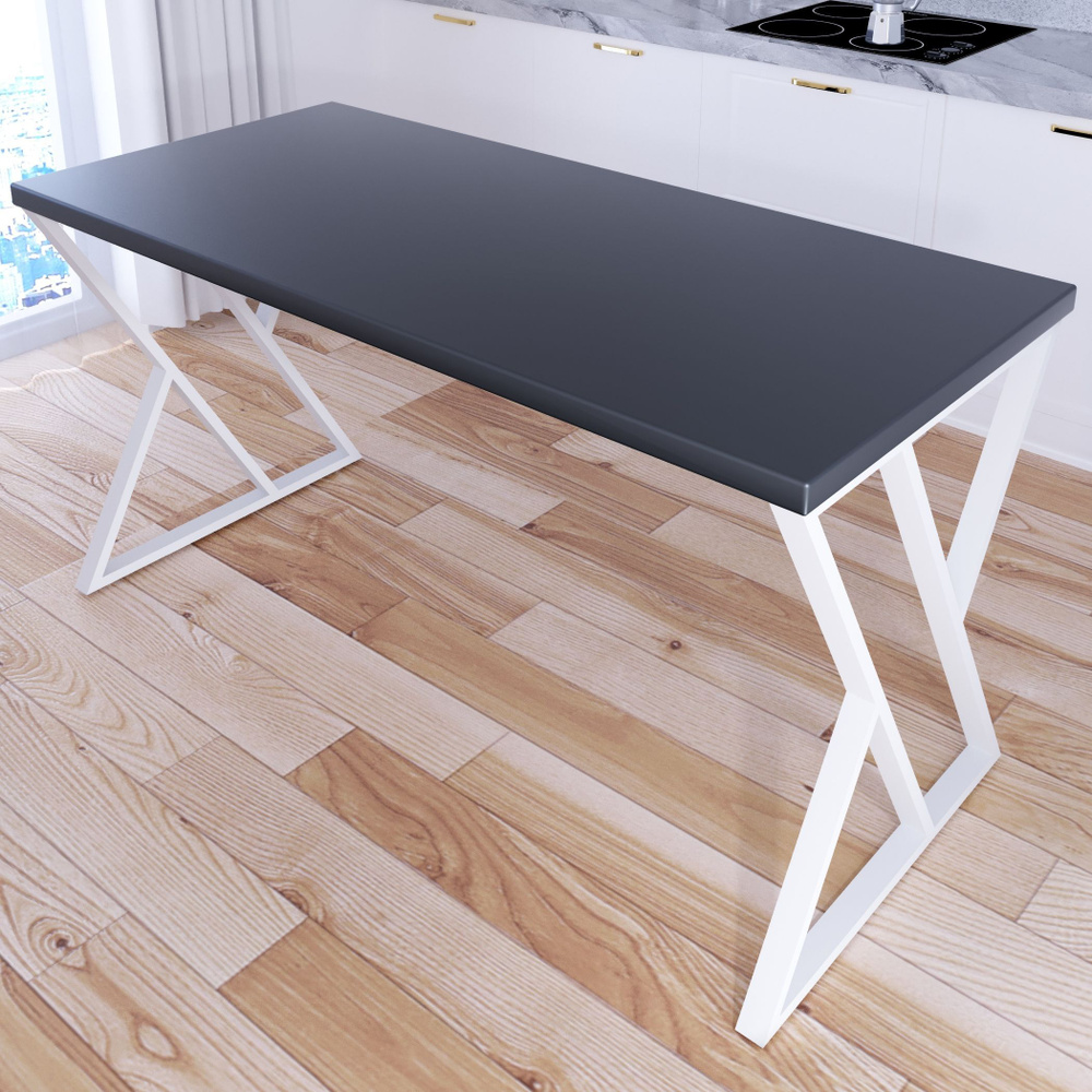 Стол кухонный Loft со столешницей цвета антрацит из массива сосны 40 мм и белыми металлическими Z-образными #1