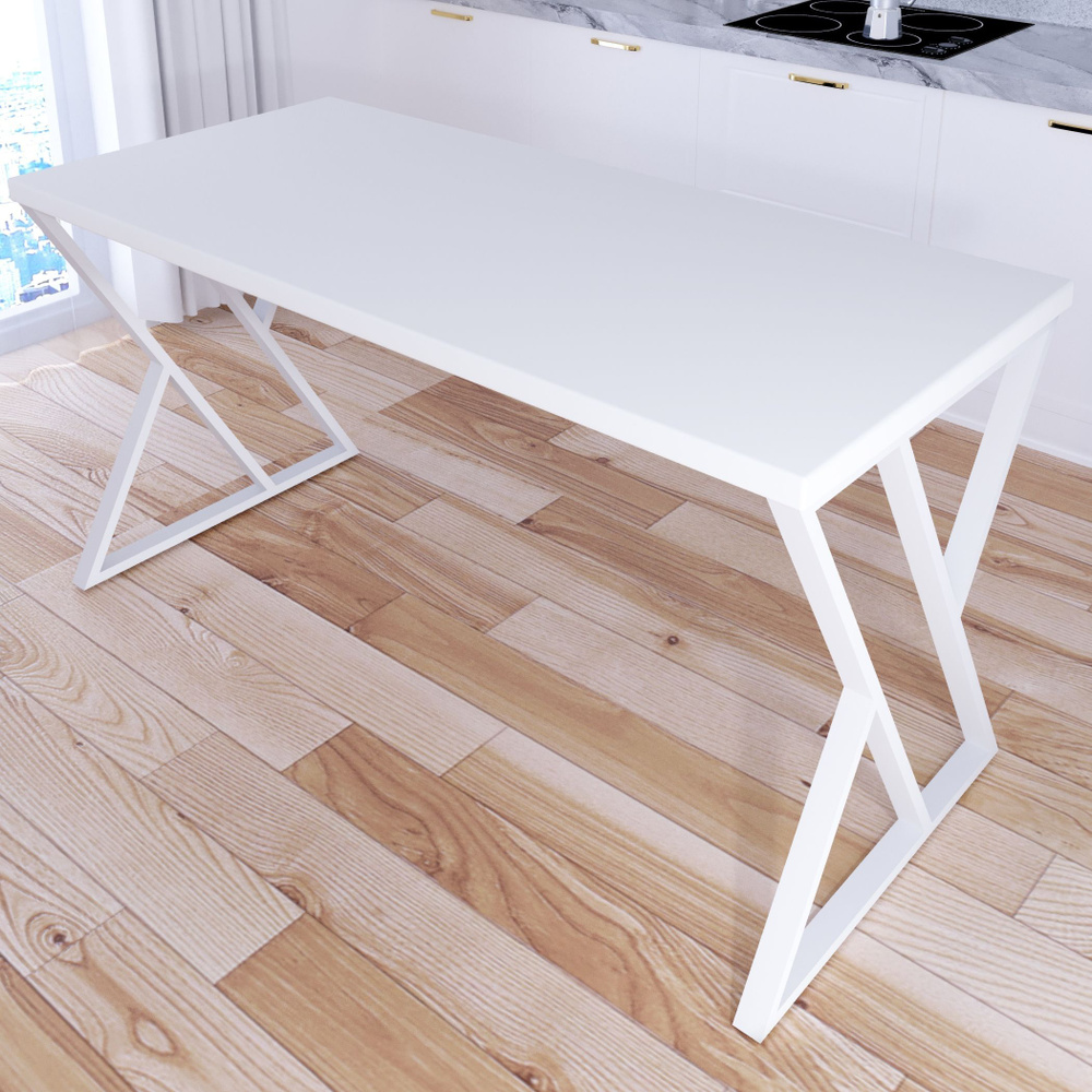 Стол кухонный Loft со столешницей белого цвета из массива сосны 40 мм и белыми металлическими Z-образными #1
