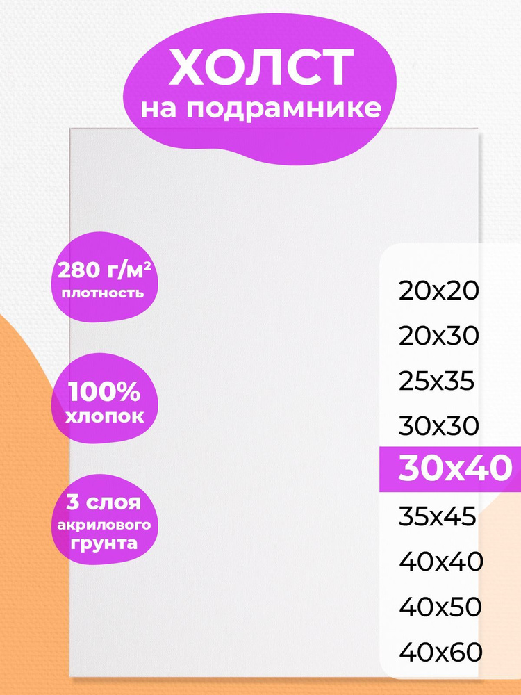 Холст на подрамнике 30х40 РамКом, грунтованный хлопковый для рисования, для акрила , масла, гуаши, темперы, #1