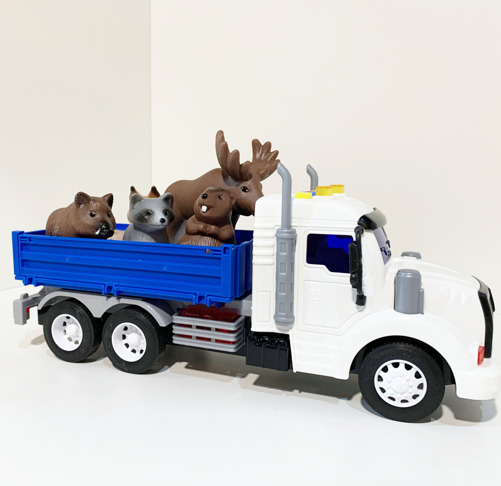 Сюжетный набор -бортовой грузовик 29 см (свет+звук, инерционный ход) с 5-ю животными леса (ПВХ)  #1