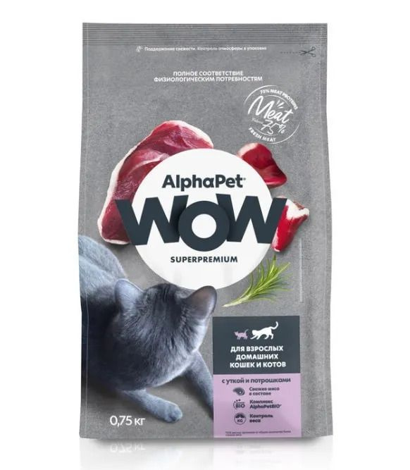 ALPHAPET WOW SUPERPREMIUM сухой корм для взрослых домашних кошек и котов с уткой и потрошками 750 гр #1