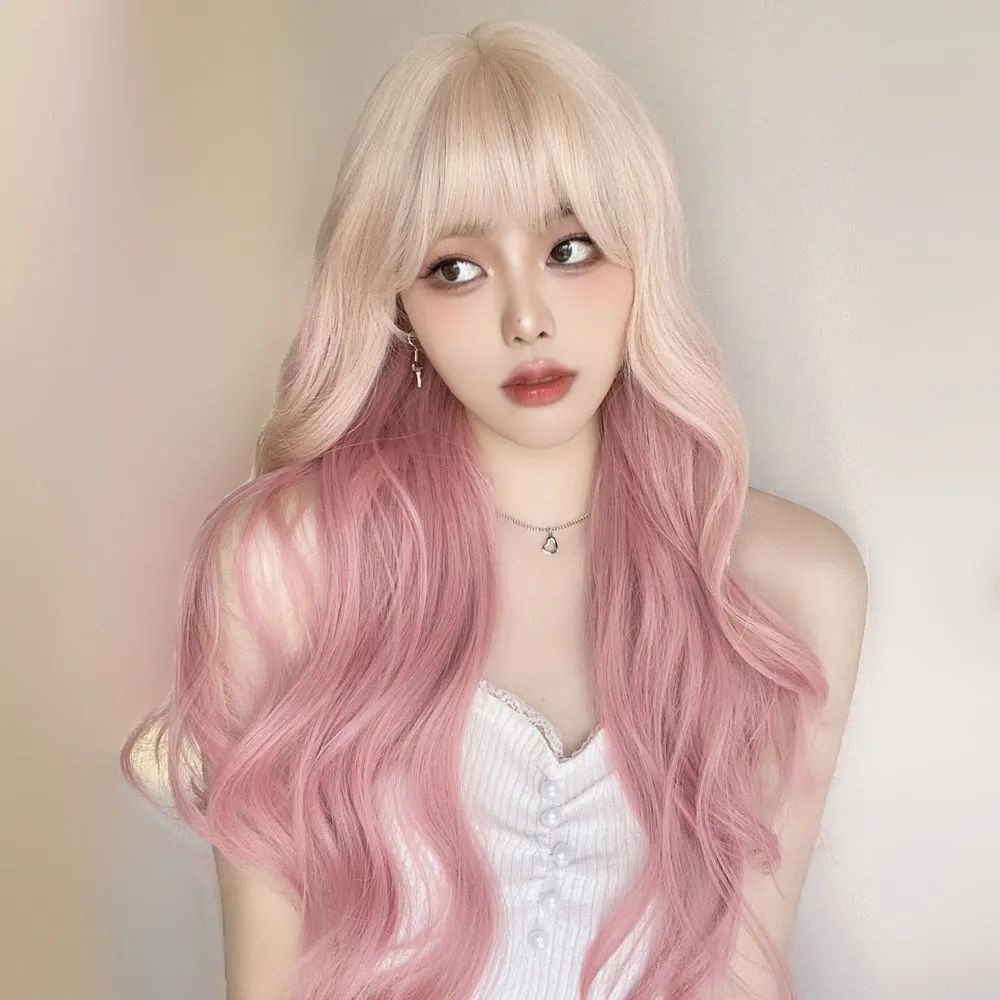 Женские розовые золотые градиентные большие волнистые вьющиеся волосы 64 см  #1
