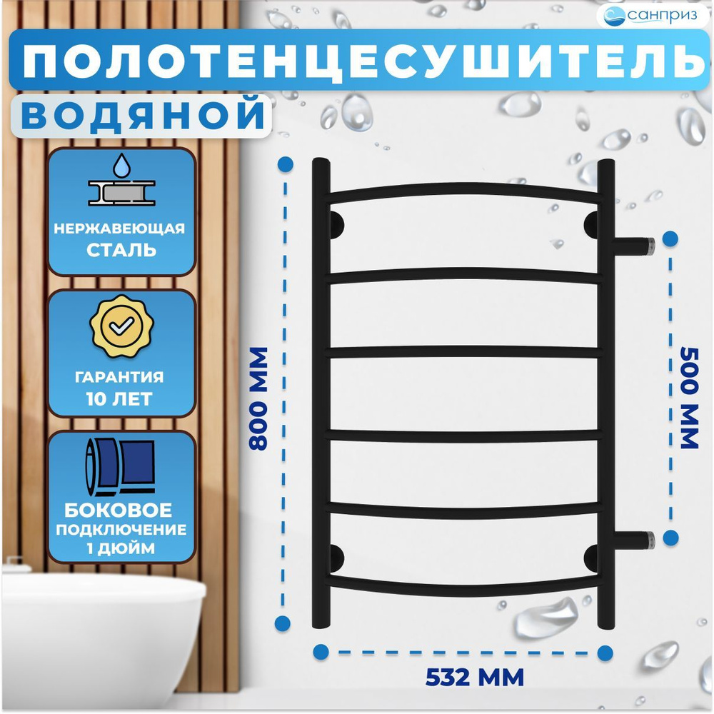 Полотенцесушитель водяной САНПРИЗ Классик П6 500мм 800мм боковое подключение м/о 500 черный матовый форма #1