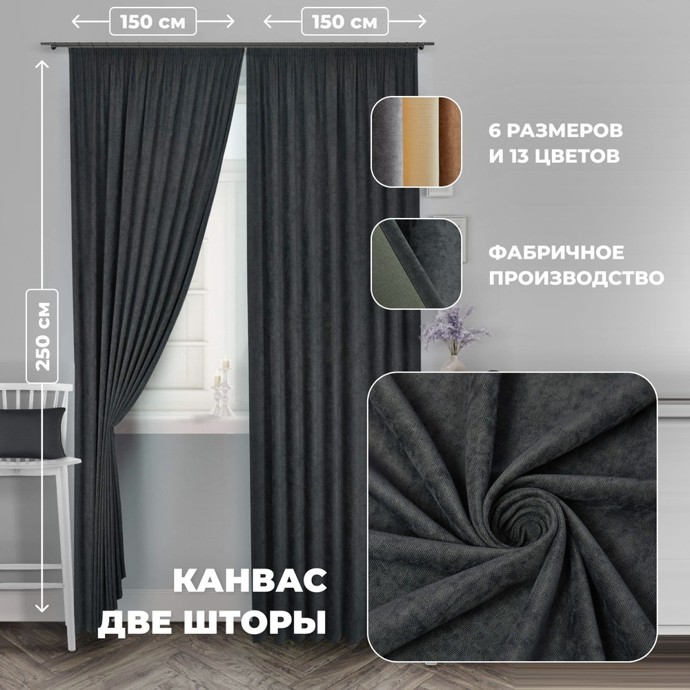 Комплект штор для комнаты Канвас Shtoraland на ленте для крючков, две портьеры для гостиной, спальни, #1