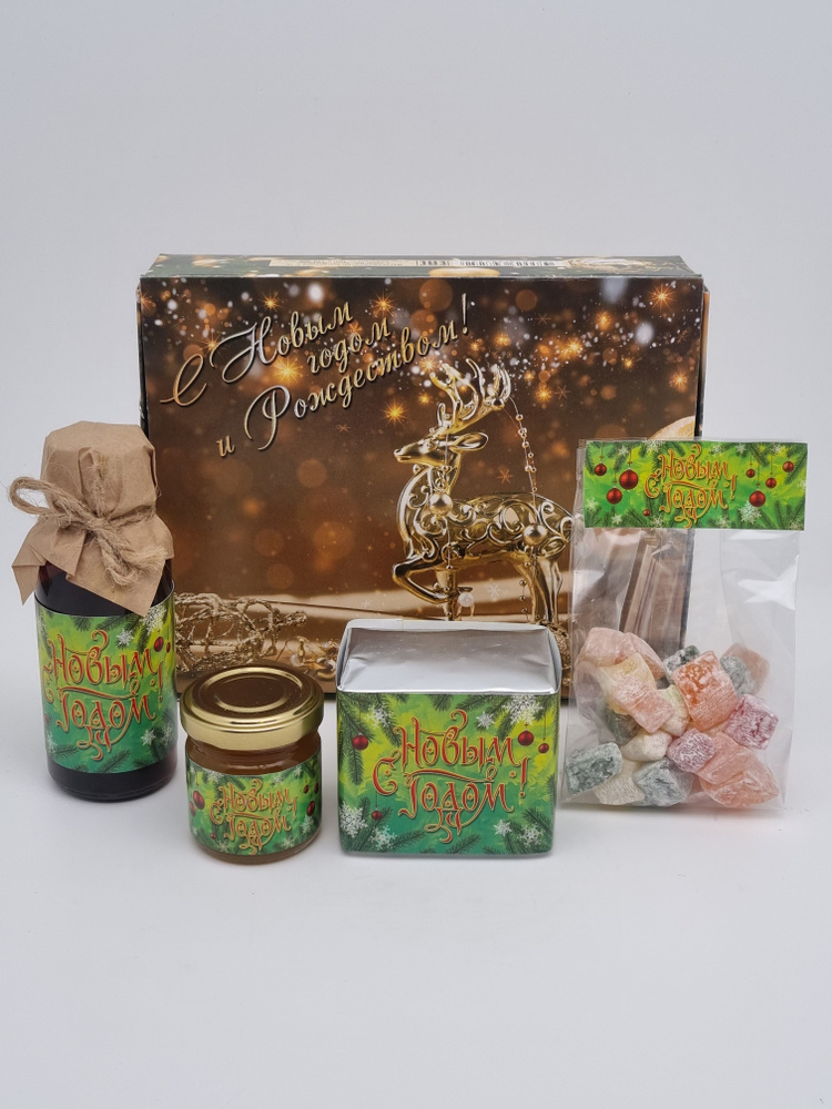 Набор 556 Праздничный чай, мед, рахат лукум и бальзам для иммунитета с новым годом  #1