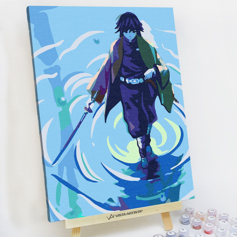 Картина по номерам, холст на подрамнике - Гию Томиока на воде - Клинок рассекающий демонов - Аниме 30x40 #1