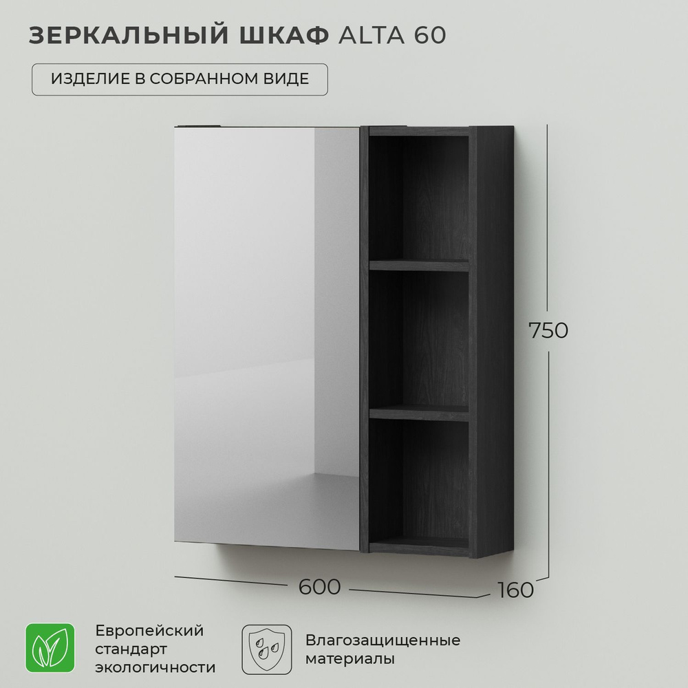 Зеркало шкаф в ванную Ika Alta 60 600х160х750 Морское дерево Карбон  #1