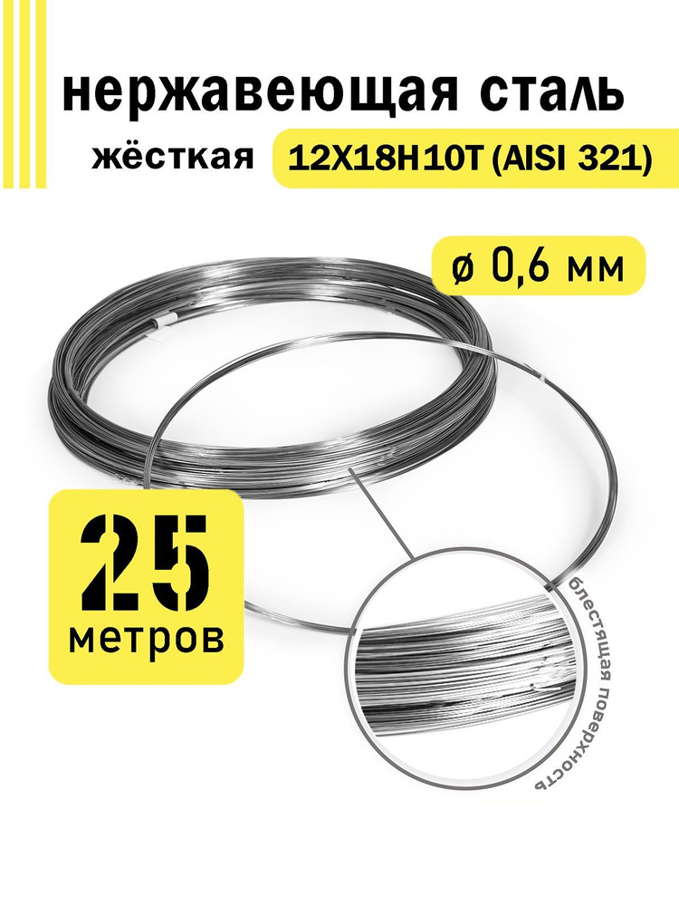 Проволока нержавеющая жесткая 0,6 мм в бухте 25 метров, сталь 12Х18Н10Т (AISI 321)  #1