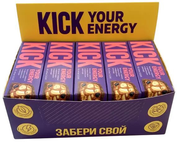 Батончик KICK "YOUR ENERGY" арахисовый с изюмом и черносливом в карамельном шоколаде, 10 шт. по 45 г #1