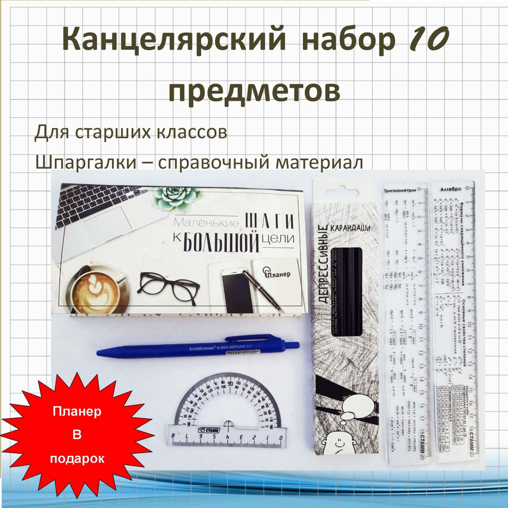 Подарочный набор канцелярский набор: справочная линейка алгебра геометрия,  формулы, шпаргалка, транспортир, ручка, карандаш простой, планер - купить с  доставкой по выгодным ценам в интернет-магазине OZON (1168530431)