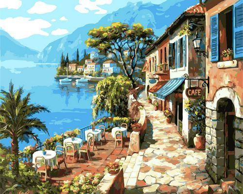Картина по номерам на холсте 40*50 см "Кафе на средиземном море" раскраска на подрамнике красивая природа, #1