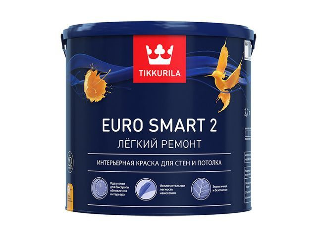 Краска Tikkurila Euro Smart 2, база A, белая глубокоматовая, 2,7л #1