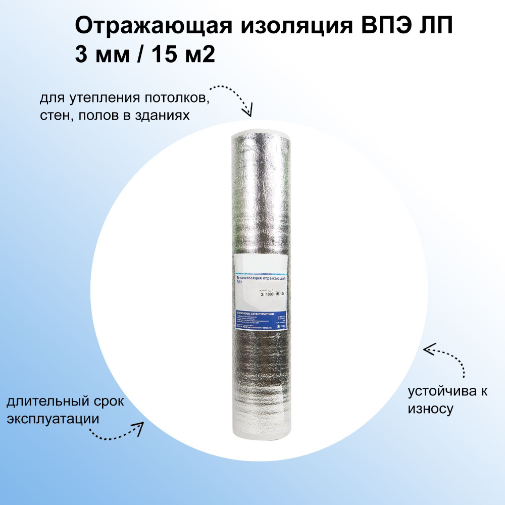 Отражающая изоляция ВПЭ ЛП 3 мм/15 м2 с фольгированным слоем, влагоустойчивый материал для утепления #1