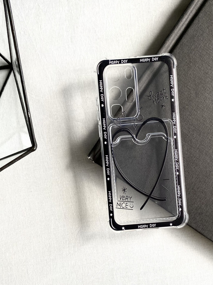 Чехол для Huawei P40 Pro прозрачный c принтом сердце с держателем для карт  #1