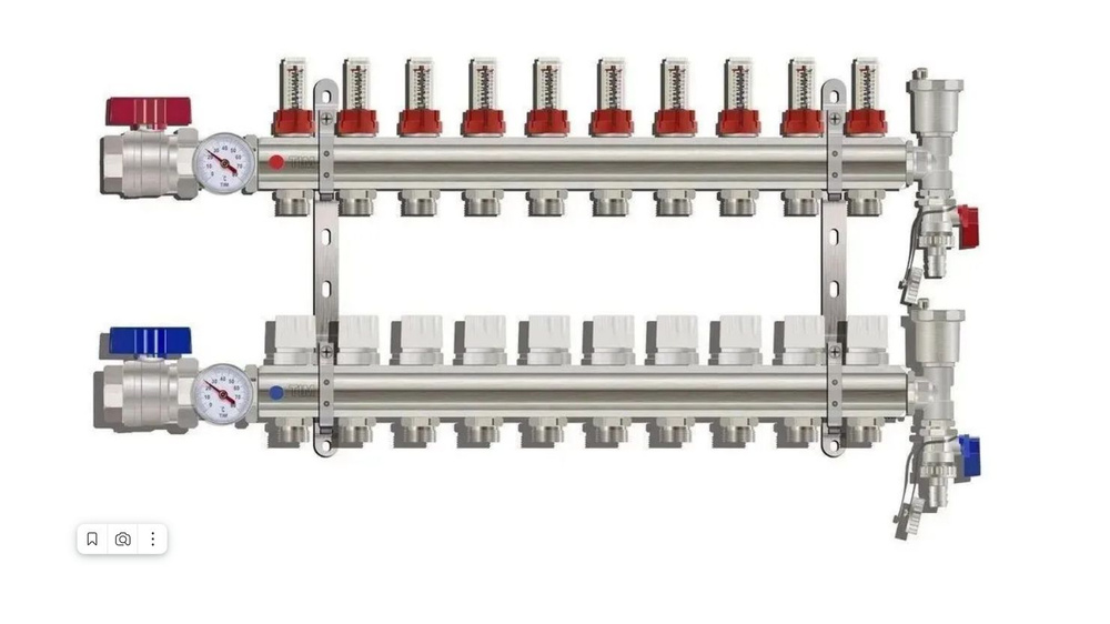 Коллекторная группа для теплого пола 1" x 3/4" 10 выходов латунный с расходомерами и кранами TIM (KA010) #1