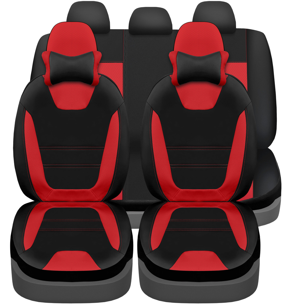 Универсальные автомобильные чехлы на весь салон из экокожи DACOTA цвет ЧЕРНЫЙ с красной перфорированной #1