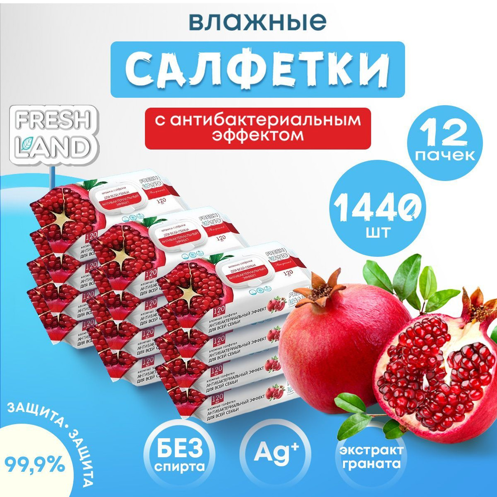 FRESHLAND Влажные салфетки антибактериальные Гранат 12 х 120 шт  #1