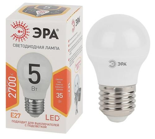 Лампа светодиодная ЭРА LED smd P45-5w-827-E27 E27, 5 Вт, 400 лм, 2700 K, 170-265 В /50-60 Гц  #1