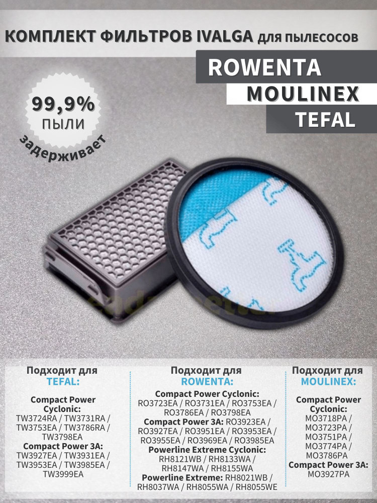 Комплект фильтров Ivalga для пылесосов ROWENTA серии RO37, TEFAL TW37,39, MOULINEX MO37,39 Compact Power #1