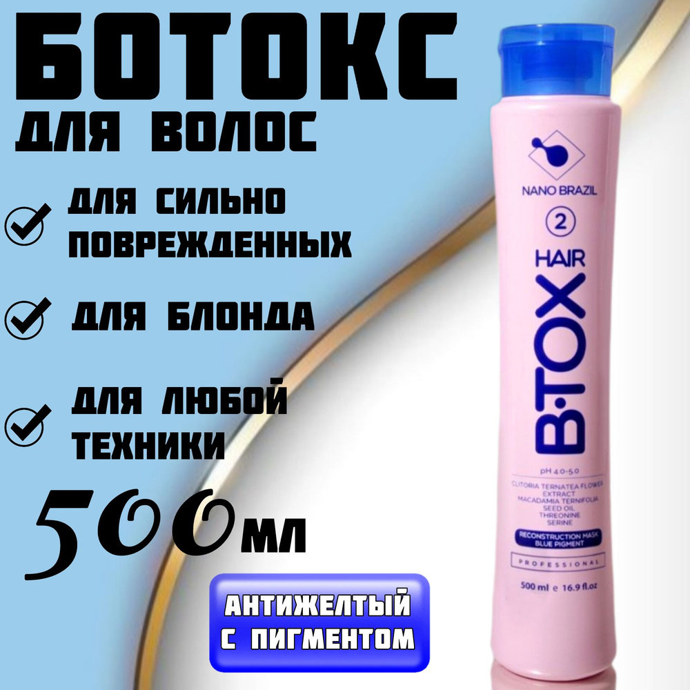 NANO BRAZIL / Ботокс для волос 500мл HAIR B.TOX Blue с синим пигментом профессиональный состав для сильно #1