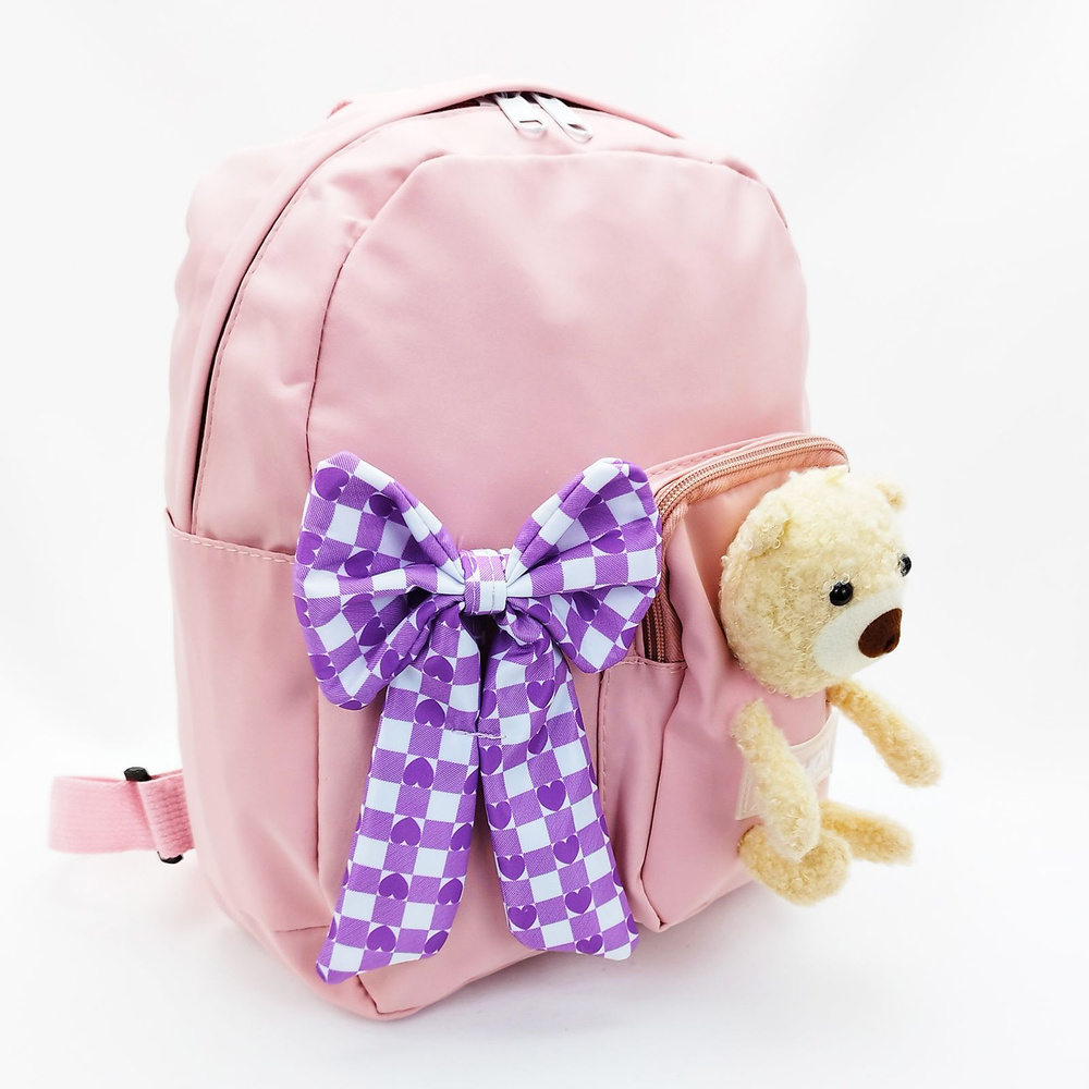 Рюкзак деткий с Мишкой и бантиком, цвет - розовый / Маленький легкий дошкольный рюкзачек с мягкой игрушкой #1