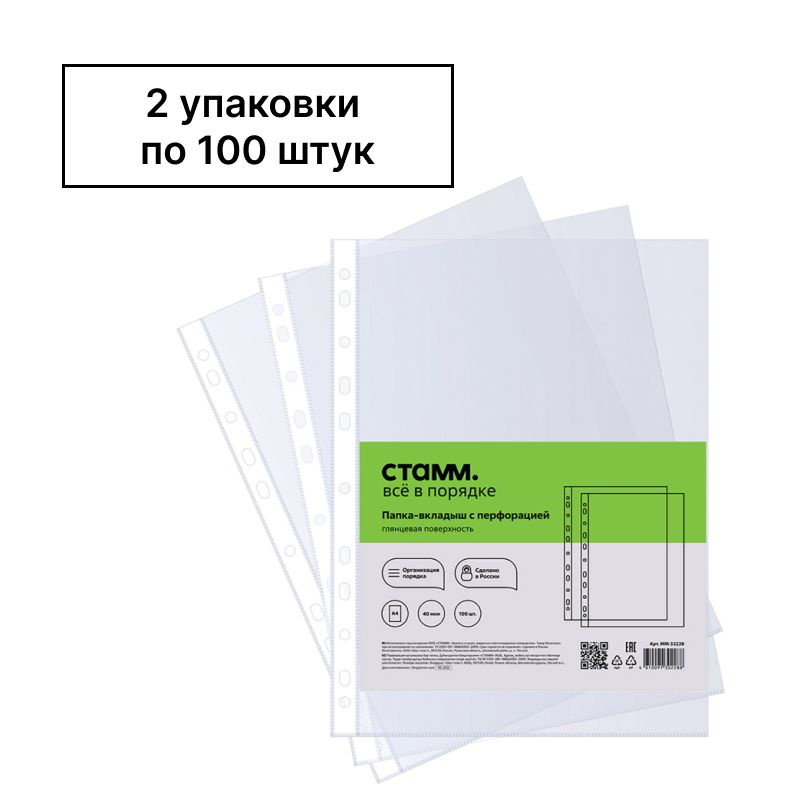 Папка-вкладыш с перфорацией (файл) СТАММ А4, 40мкм, глянцевая, 2 уп по 100 шт  #1