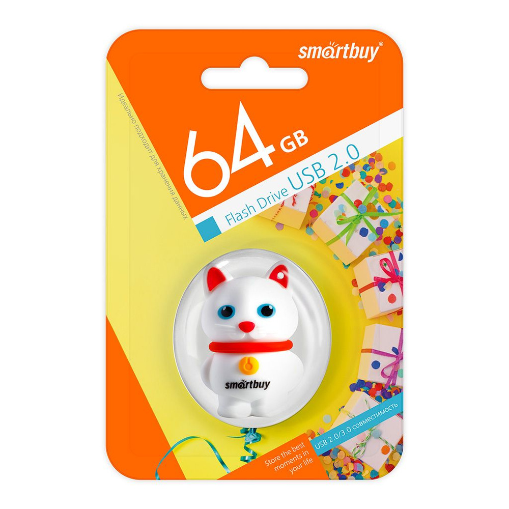 USB флеш накопитель 64 Gb SmartBuy Wild series Котенок белый (SB64GBCatW) / подарок  #1