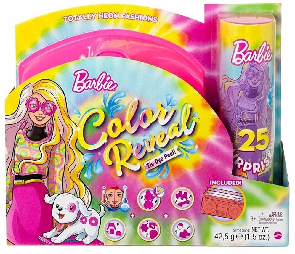 (розовый) Кукла Barbie Mattel Набор Color Reveal Neon Tie-Dye Барби с 25 сюрпризами Блондинка с питомцем #1