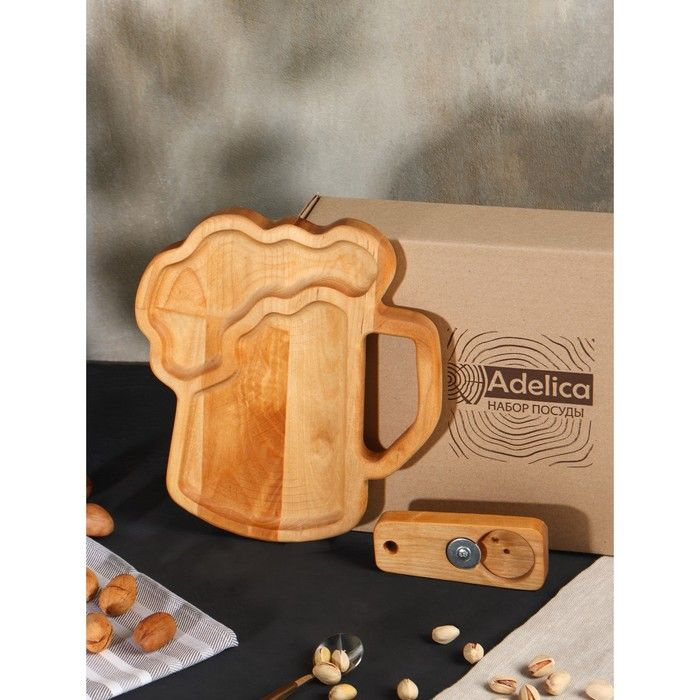 Подарочный набор деревянной посуды Adelica, блюдо для подачи к пиву, открывашка для бутылок, 25х22х1,8 #1