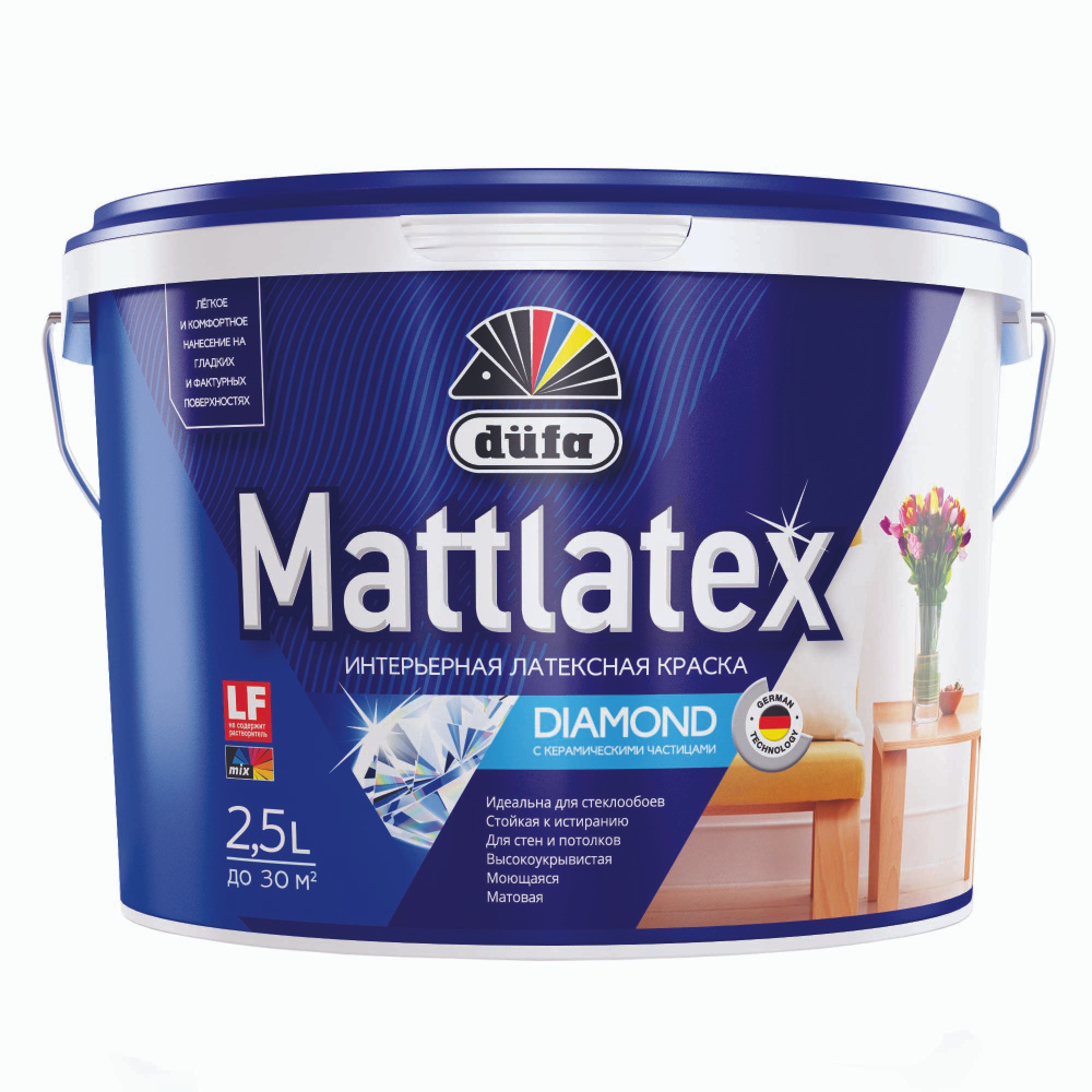 Краска для стен и потолков для влажных помещений латексная Dufa Mattlatex D100 матовая белая 2,5 л  #1