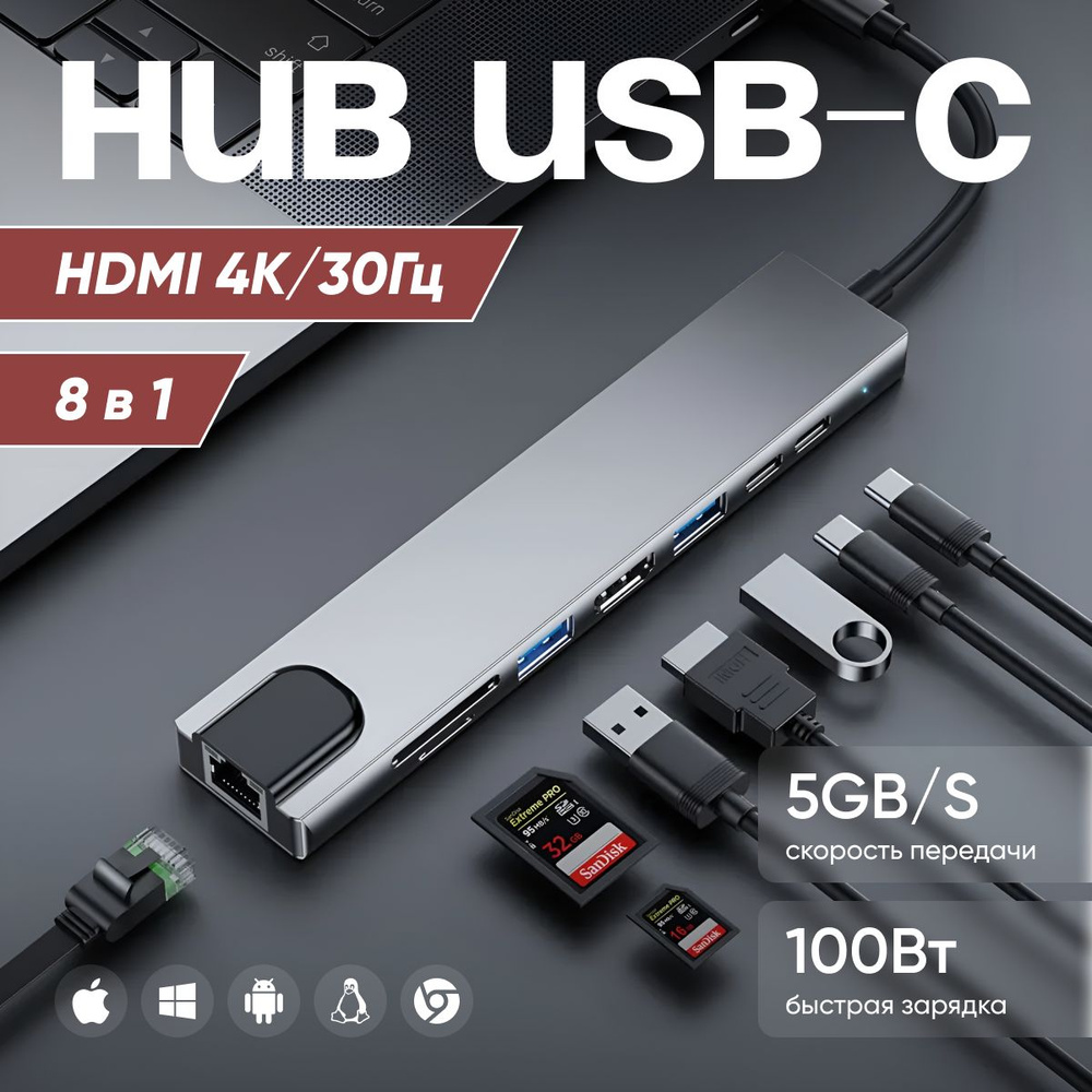 Type-C HUB для MacBook / USB разветвитель / HDMI адаптер / RJ-45 адаптер / USB HUB 3.0 / USB 3.0, HDMI,RJ-45,Type-C, #1