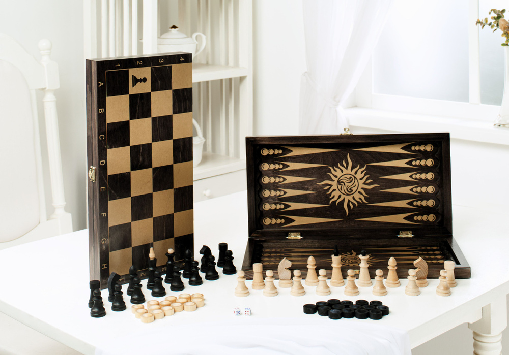 Игра 3в1 малая венге, рисунок золото с обиходными деревянными шахматами "Объедовские" (нарды, шахматы, #1