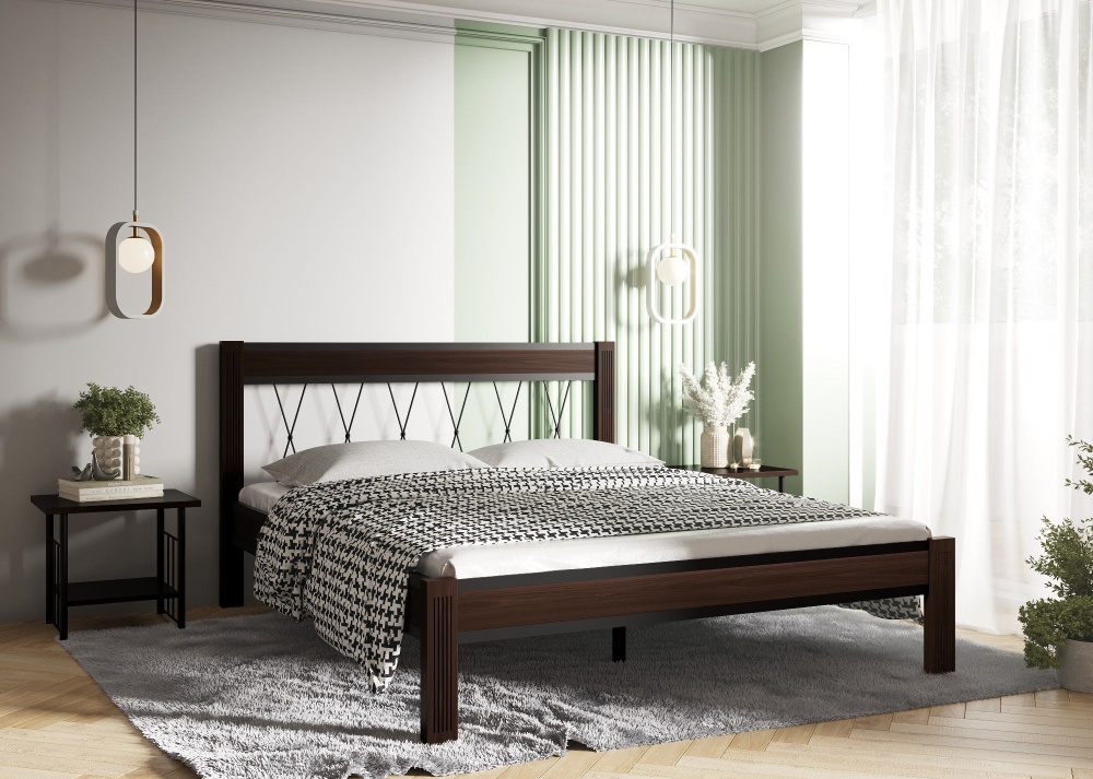 Двуспальная кровать Кантри 160х200 см/ Чёрный / Шоколад/Массив берёзы/ Металлический каркас  #1