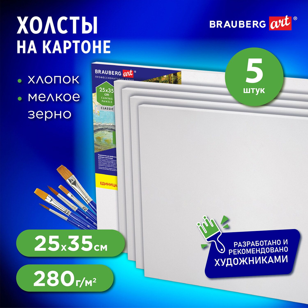 Холст на картоне набор 5 штук 25х35 см, 280 г/м2, грунт, 100% хлопок, Brauberg Art Classic Уцененный #1