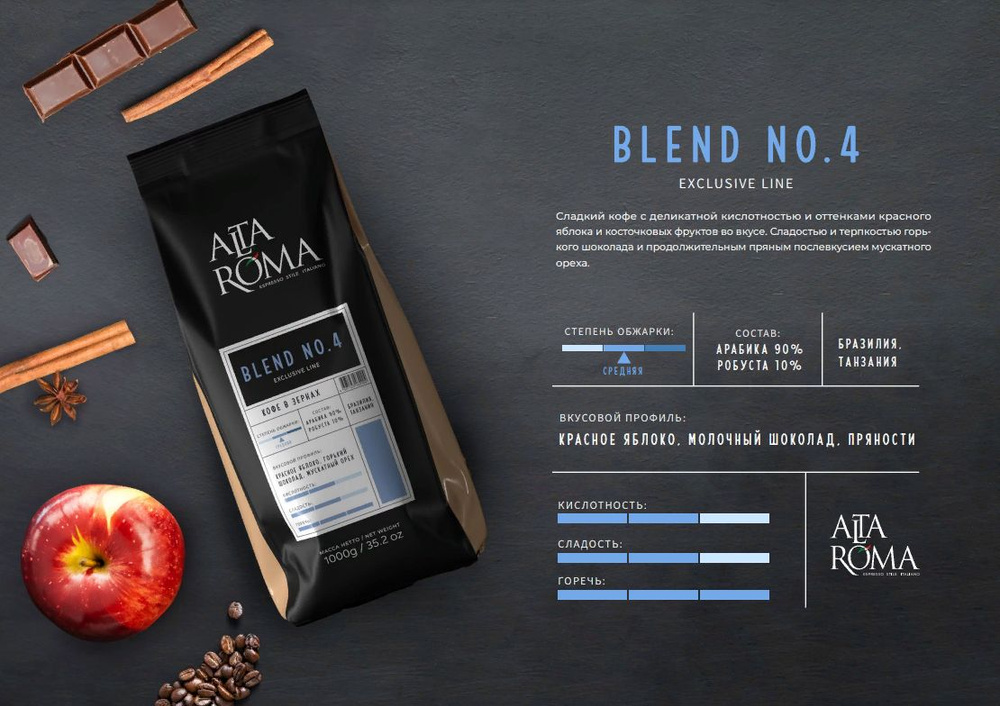 Зерновой кофе ALTA ROMA Blend 4 (PLATINO), пакет, 1кг #1