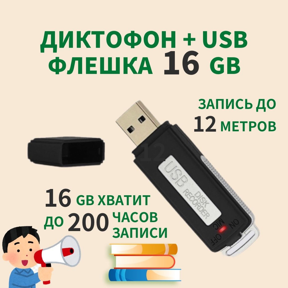 Мини диктофон с датчиком звука 16 GB / Диктофон-флешка 2в1 #1