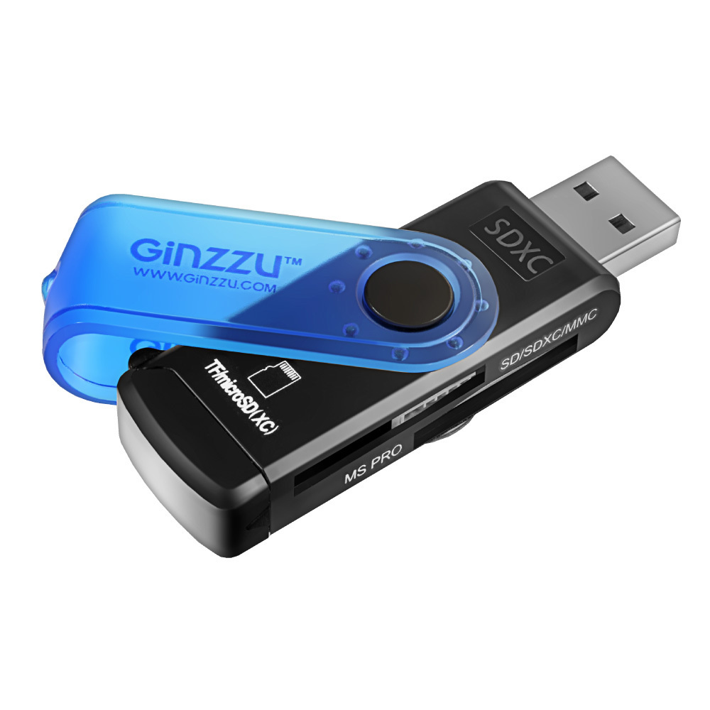 Картридер USB 2.0 Ginzzu GR-412B, 3 слота для карт памяти microSDXC/SDXC/MS, цвет синий, черный  #1