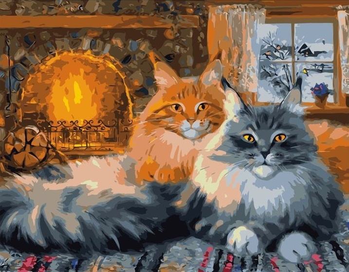 Картина по номерам на xолсте 40x50 с подрамником. 40 х 50 : Colibri - кошки. Серый кот и рыжая кошечка #1