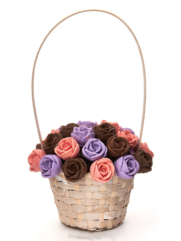 33 шоколадные розы CHOCO STORY в корзинке - Розовый, Фиолетовый и Коричневый Бельгийский шоколад, 396 #1