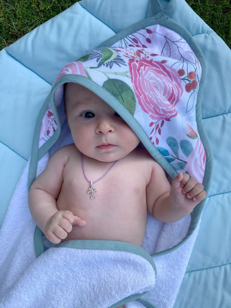 Полотенце с уголком для новорожденного Лютики, банное с капюшоном, 90х90 см, варежка-мочалка  #1