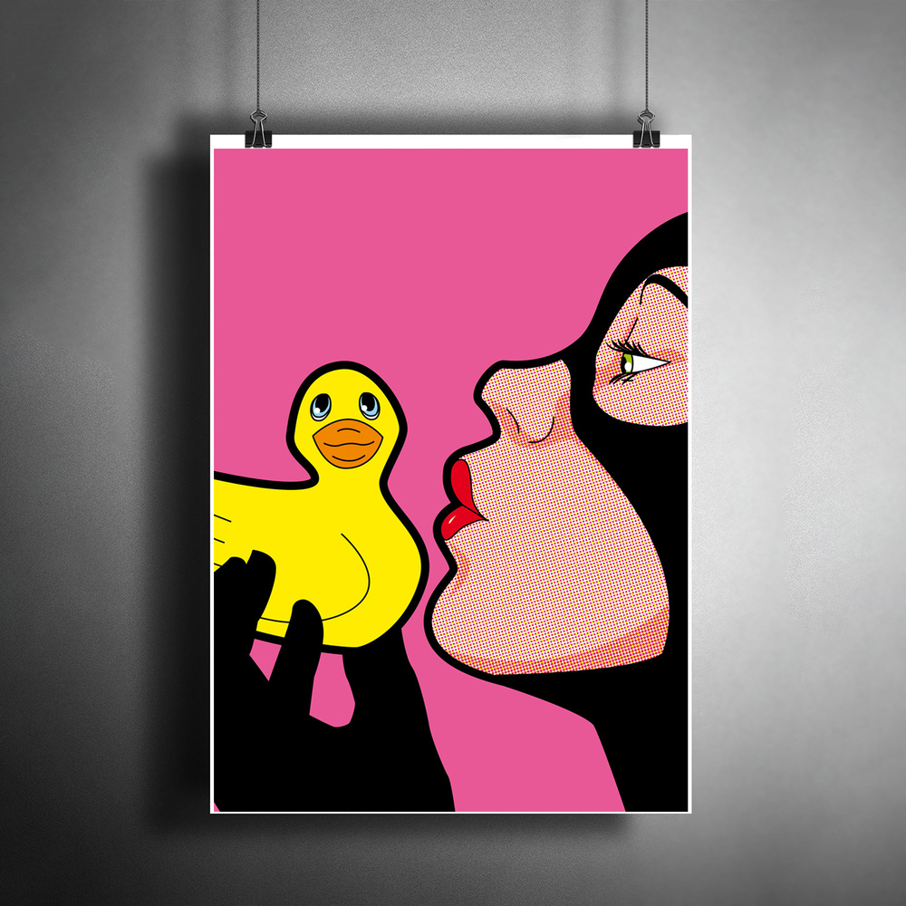 Постер плакат для интерьера "Поп-Арт: Женщина-кошка и уточка. Duck kisses" / Декор дома, гостинной. Подарок #1