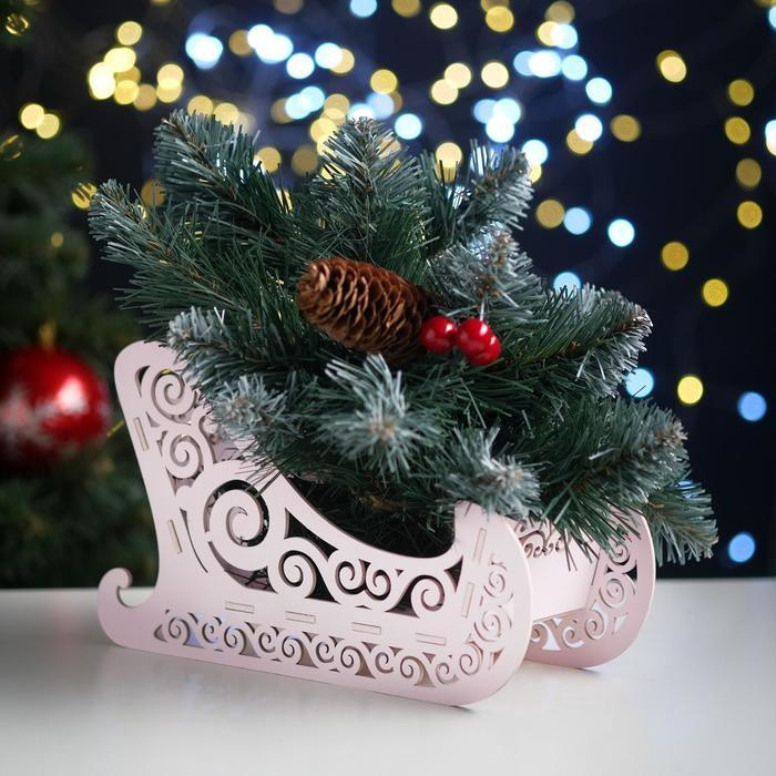Кашпо деревянное, 23х10х14 см "Новогоднее. Санки", подарочная упаковка, розовая пастель  #1