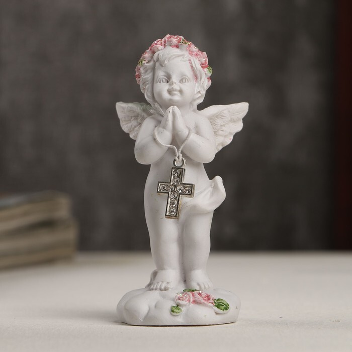 Сувенир полистоун "Белоснежный ангел в розовом веночке с крестиком" 8х3,5х3,8 см  #1