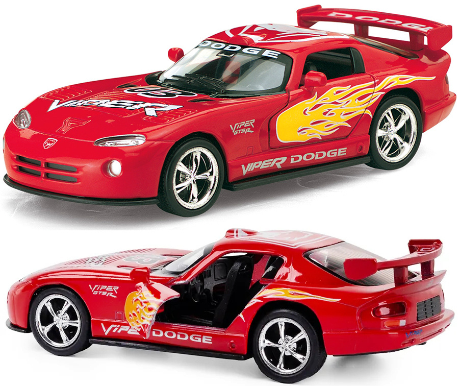 Машинка металлическая Kinsmart 1:36 Dodge Viper 5039DFKT инерционная, двери открываются / Красный с принтом #1