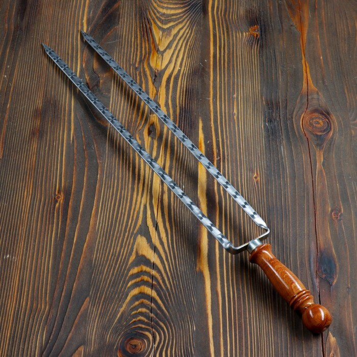 Двойной вилка-шампур с деревянной ручкой, с узором, 50см #1