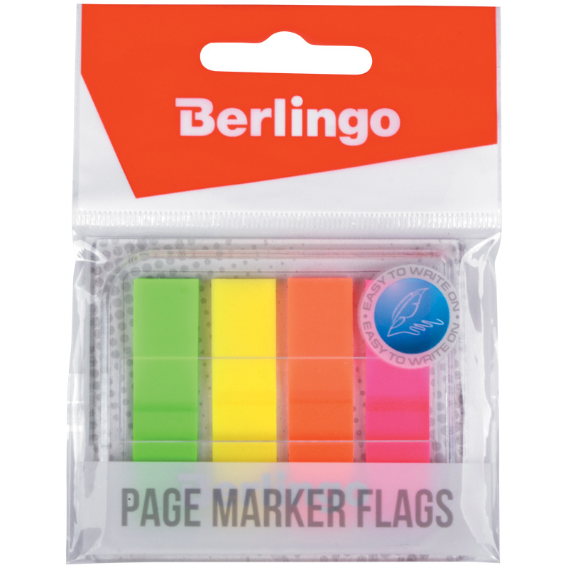 Клейкие закладки пластиковые Berlingo, 4 цвета неон по 20л., 45x12мм, в диспенсере (LSz_45125)  #1