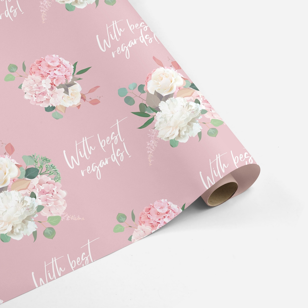 Бумага упаковочная универсальная женская декоративная, гортензии, пионы на розовом 70*100 см  #1