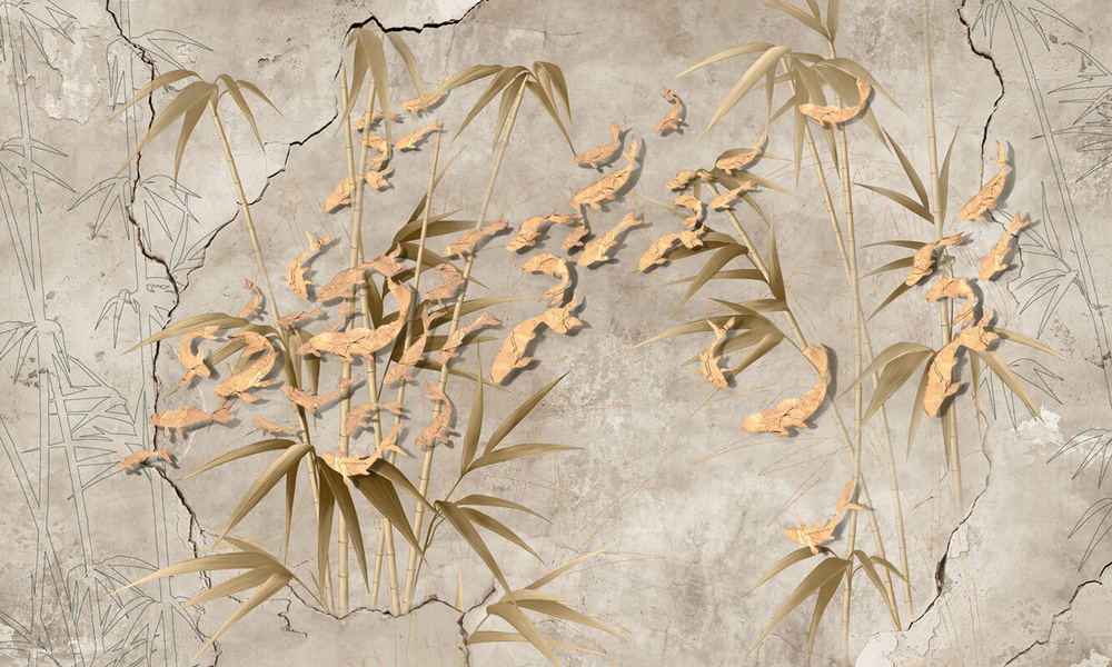 Фотообои флизелиновые на стену 3д GrandPik 17149 "Золотые рыбки в бамбуке", (ШхВ) 450х270 см  #1